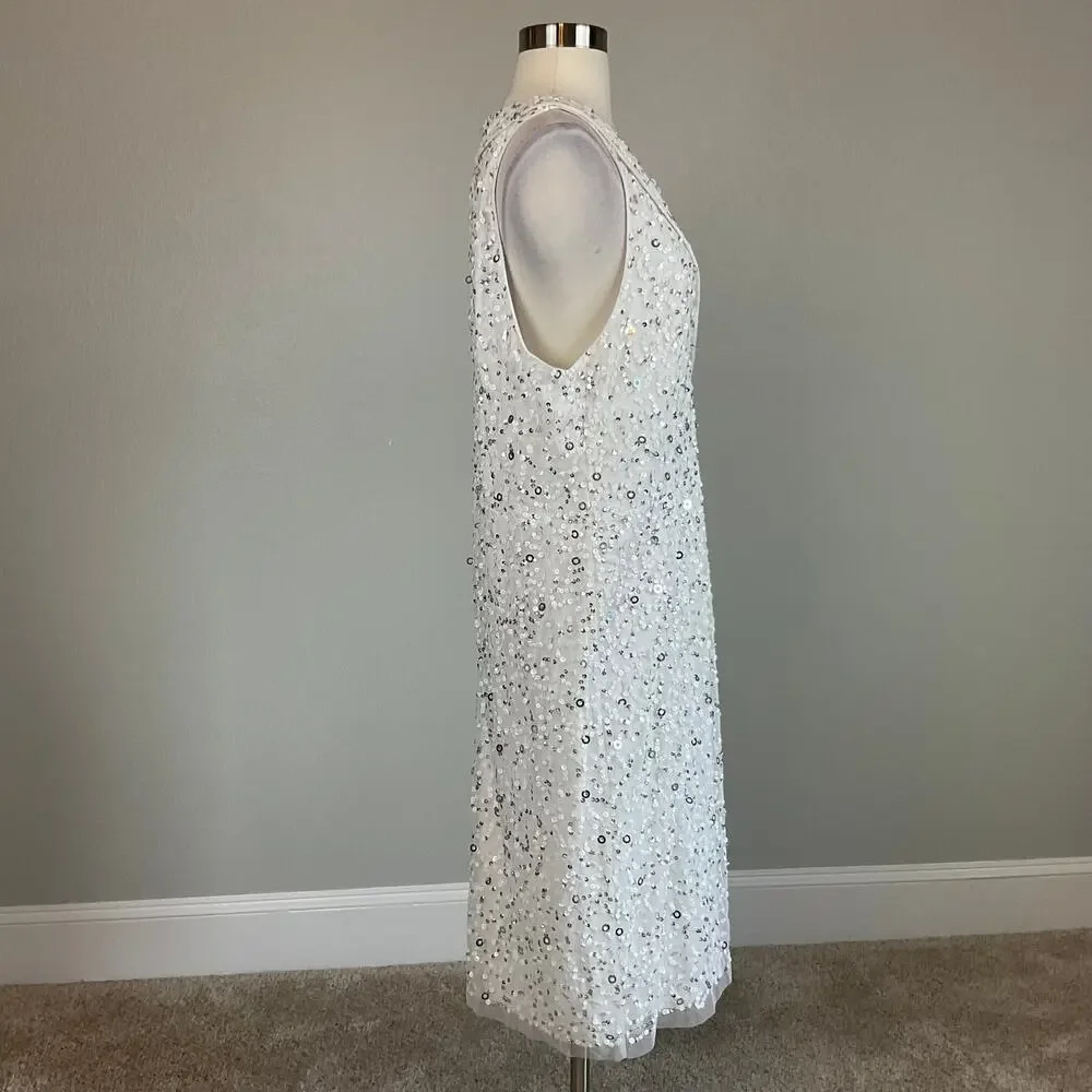 Adrianna Papell Sequin Sleeveless Sheath Cocktail Dress White and Silver Size 8 - Picture 4 of 13